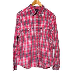 UntuckIt Ojai Long Sleeve Button Up Red White Blue Gray Plaid Cotton Large